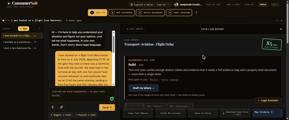Case report headed Transport-Aviation, Flight Delay, scored 85 out of 100 for case strength, recommending the Build route.