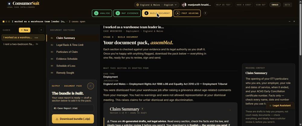 Stage three document pack with a six-section rail: claim summary, legal basis and time limit, particulars, evidence schedule, schedule of loss, remedy sought.